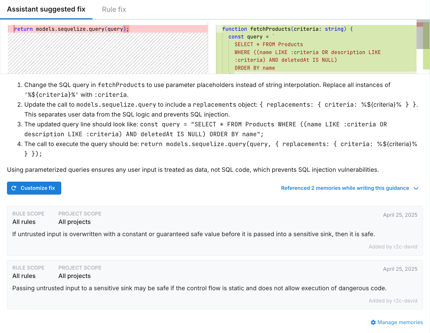 The memories Assistant used to generate the current guidance.
