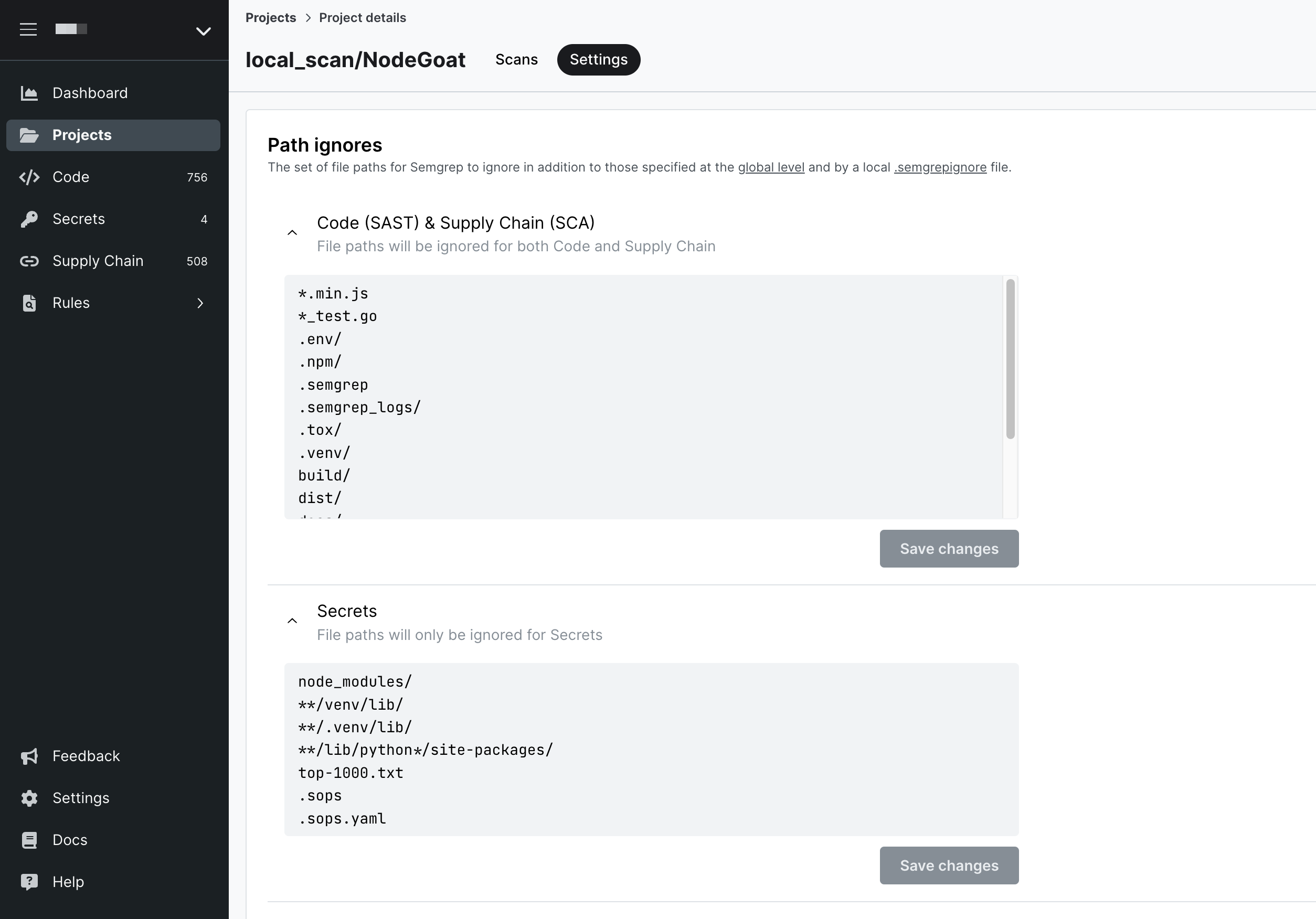Set ignore paths for a project in Semgrep AppSec Platform.